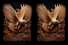 two wooden carvings depicting an eagle and dragon