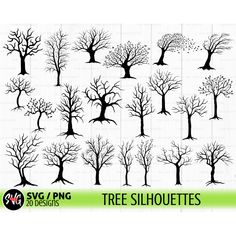 the silhouettes of trees are shown in black and white