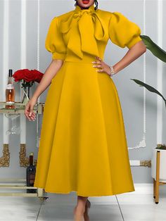 Women's Party Dress Cocktail Dress Wedding Guest Dress Lace up Bow Stand Collar Short Sleeve Midi Dress Wedding Guest Birthday Elegant White Yellow Summer Spring 2024 - $36.99