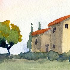 watercolor painting of an old building with trees in the background