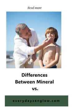 A man applies sunscreen to the face of a smiling child at the beach. Physical Sunscreen, Titanium Dioxide