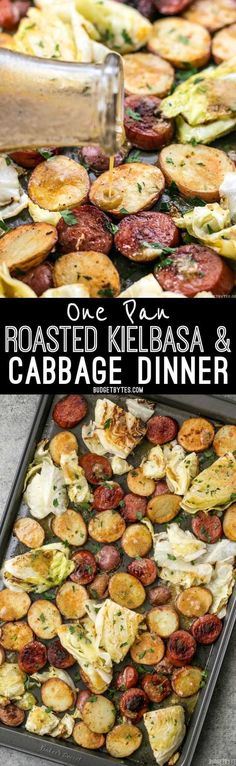 roasted kielbasa and cabbage dinner is ready to be eaten