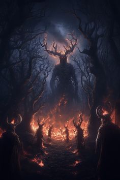 a group of people standing in the middle of a forest with fire coming from them