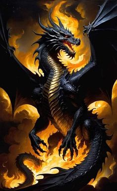 a black dragon with yellow flames on it's wings is shown in this image