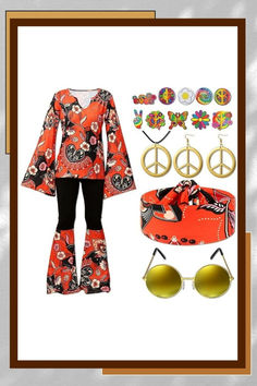 a woman's outfit with sunglasses and peace signs on the front, including an orange top