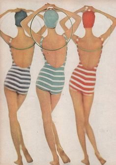 three women in swimsuits with hoop rings on their backs, from an old magazine