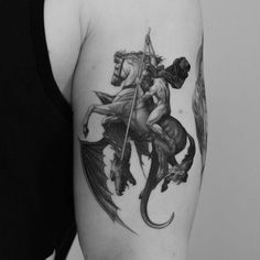 Saint George and the Dragon Micro-Realistic Tattoo George And The Dragon Tattoo, New Tattoo Styles, Saint Tattoo, Athena Tattoo, P Tattoo, Saint George And The Dragon, Dragon Tattoo Art, Ancient Tattoo, Realistic Tattoo Sleeve