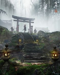 Ancient Japanese City Art, Japanese Temple Fantasy Art, Japanese Temple Photography, Japanese Temple Garden, Asian Landscape Tattoo, Japanese Forest Aesthetic, Japanese Environment Concept Art, Japanese Landscape Tattoo, Japanese Fantasy Landscape