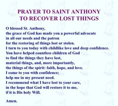 a poem with the words prayer to saint anthony to recover lost things