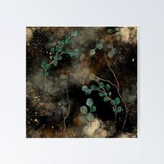 an abstract painting with green leaves on black and gold background, watercolor drawing poster