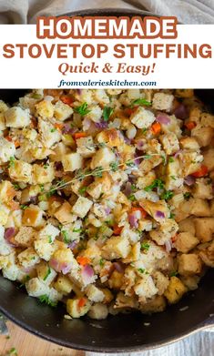 a skillet filled with potatoes, carrots and other ingredients to make this homemade stovetop stuffing