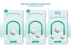 three packs of social media templates with golf balls in the middle and an open lock on each side