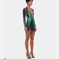 Heatwave Dress In Color Bird Of Paradise. New With Tags Luxury Fitted Multicolor Dresses, Green Mini Bodycon Dress For Evening, Luxury Multicolor Spring Dresses, Multicolor Luxury Evening Dress, Designer Fitted Mini Dress For Night Out, Luxury Multicolor Formal Dresses, Designer Fitted V-neck Dress, Fitted V-neck Designer Dress, Multicolor Mini Dress For Cocktail