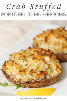 crab stuffed potato muffins on a white plate with lemon wedge and parsley