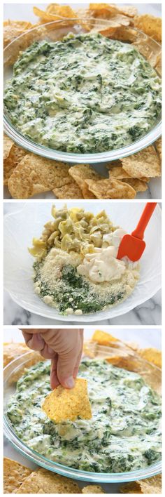 the process to make spinach dip with tortilla chips is shown in three pictures