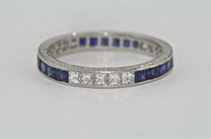 Platinum and Diamond and Sapphire Art Deco by MasterPieceJewelers Luxury Channel Set Wedding Rings, Luxury Channel Set Wedding Jewelry, Wedding Jewellery Collection, Elegant Art, Eternity Wedding Band, Sapphire Jewelry, Princess Cut Diamonds, Art Deco Design, Hand Engraving