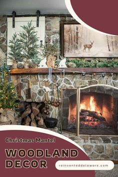 the fireplace is decorated for christmas with deers and trees on it's mantle