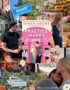 a collage of photos with people and flowers in the background, including an advertisement for practice makes perfect