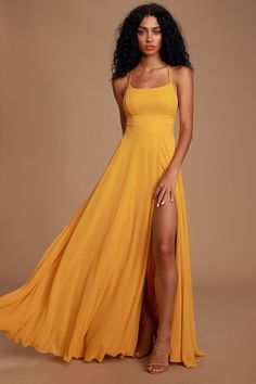 Glam Yellow Maxi Dress - Backless Maxi Dress - Mustard Dress - Lulus Backless Chiffon Dress For Prom, Fitted Maxi Dress With Sweetheart Neckline And Tie Back, Chiffon A-line Maxi Dress With Fitted Bodice, Fitted Backless Chiffon Dress, Chiffon Halter Neck Evening Dress, Gala Chiffon Dress With Lined Bodice, Chiffon Gala Dress With Lined Bodice, Formal Fitted Chiffon Dress With Lined Bodice, Flowy Dress For Gala And Prom Season