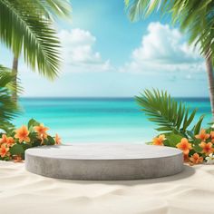 an empty concrete plate sitting on top of a sandy beach with palm trees and blue water in the background