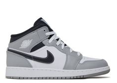 Air Jordan 1 Mid GS 'Light Smoke Grey' - Air Jordan - 554725 078 - light smoke grey/white/anthracite | Flight Club Clean White Leather, Air Jordan 1 Mid Gs, Sneaker Storage, Grey Jordans, Flight Club, Rug Ideas, Shoe Display, Air Jordan 6, Air Jordan 5