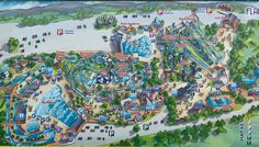 a map of an amusement park with lots of rides and water parks on it's sides