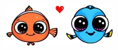 two cartoon fish with big eyes and hearts on the side, one is orange and the other is blue