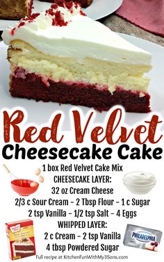 a red velvet cheesecake cake is on a white plate with the words red velvet cheesecake cake below it