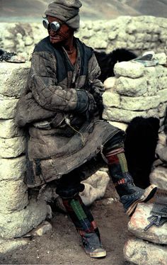 a man sitting on top of a stone wall next to a black and white dog