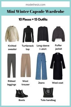 A winter mini capsule wardrobe helps you travel lightly or when storing the seasonal clothes away. Learn how to create one here! January Europe Outfits, Winter Basics Wardrobe 2023, Travel Capsule Wardrobe Fall Germany, Minimal Winter Wardrobe, European October Outfits, Winter Carry On Capsule Wardrobe, European Winter Capsule Wardrobe, European Winter Travel Capsule Wardrobe, Australian Winter Fashion 2024