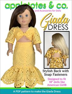 the doll is wearing a yellow dress with polka dots on it and has long hair