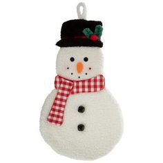 a white snowman ornament with a black hat and red checkered scarf