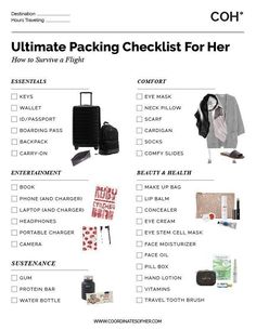 the ultimate packing checklist for her is shown in black and white, with luggage on it