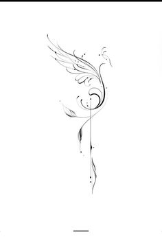 a black and white drawing of a bird with swirls on it's wings