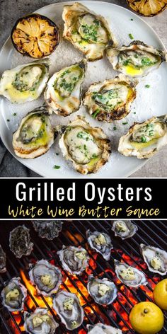 grilled oysters with white wine butter sauce on the grill