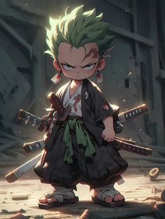 an anime character with green hair holding two swords