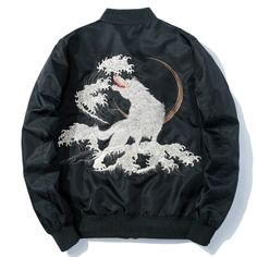 Full Moon White Wolf Embroidered Sukajan Souvenir Jacket #SukajanSouvenirJackets Check more at https://sukajanshop.com/product/full-moon-white-wolf-embroidered-sukajan-souvenir-jacket/ Embroidery Wolf, Japanese Jacket, Streetwear Male, Pilot Jacket, Souvenir Jacket, Japanese Streetwear, Stylish Jackets, Unisex Jacket, Maneki Neko