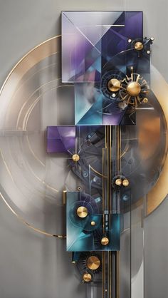 an abstract painting with gold, blue and purple squares on it's sides that are connected to each other