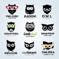 an owl logo with different types of owls on it's head and glasses in their eyes