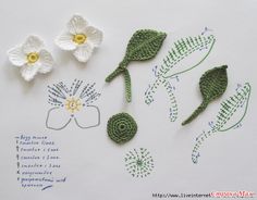 crocheted flowers and leaves are displayed on a sheet of paper