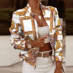 Women's Printed Bomber Jacket - Wnkrs Short Jackets, Womens Printed Tops, Cardigan Style, Casual Outerwear, Plus Size Coats, Printed Cardigan, Yellow Fashion, Print Jacket, Vintage Jacket