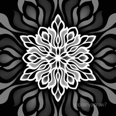 an abstract black and white flower design with swirly petals in the center, on a dark background