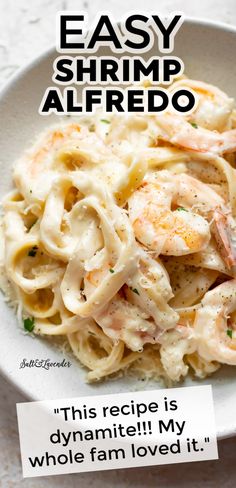 the recipe for easy shrimp alfredo is shown on a white plate with an advertise