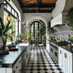 a kitchen with black and white checkered flooring, potted plants on the counter