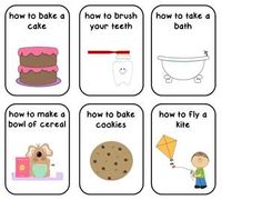 four cards with pictures of different types of baking items and words that describe how to bake a cake, how to brush a teeth, how to take a bath, how to make a cookie