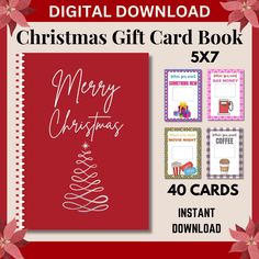 the christmas gift card book is shown in red and white with poinsettis