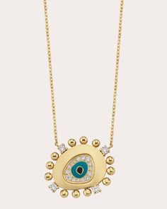 Long believed to be a protective talisman, this 14-karat gold necklace decorates its evil eye pendant with round-cut diamonds along the center and beaded outer edge. The pupil and iris are colored with black and blue enamel for a lifelike look. From Charms Company's Gypset Collection. Lobster claw clasp 14k yellow gold, enamel and diamond Diamond carat: 0.25 ctw Diamond color: H Diamond clarity: VS2 Diamond cut: round Polish with soft cloth Made in Turkey Measurements Chain length: 16.53-17.71in Protective Talisman, Diamond Jewelry Earrings, Eye Pendant Necklace, Evil Eye Design, Diamond Evil Eye, Jewelry Set Design, Jewelry Drawing, Vs2 Diamond, Baby Jewelry