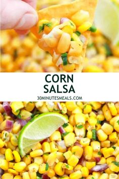 corn salsa with tortilla chips and lime wedges is shown in this collage