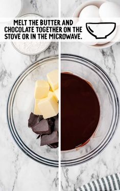 two pictures showing melting butter and chocolate together on the stove or in the microwave with text overlay that reads melt the butter and chocolate together