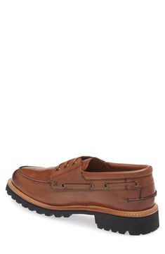 A grippy Vibram® sole keeps you firmly planted in a burnished-leather boat shoe. Lace-up style Leather upper and lining/rubber sole Imported Rugged Leather Moc Toe Loafers, Rugged Leather Loafers With Round Toe, Classic Boat Shoes With Vibram Sole, Rugged Moc Toe Moccasins For Outdoor, Rugged Loafers With Leather Footbed And Round Toe, Rugged Leather Moccasins With Rubber Sole, Rugged Loafers With Leather Sole And Round Toe, Rugged Loafers With Leather Sole, Leather Closed Toe Outdoor Loafers